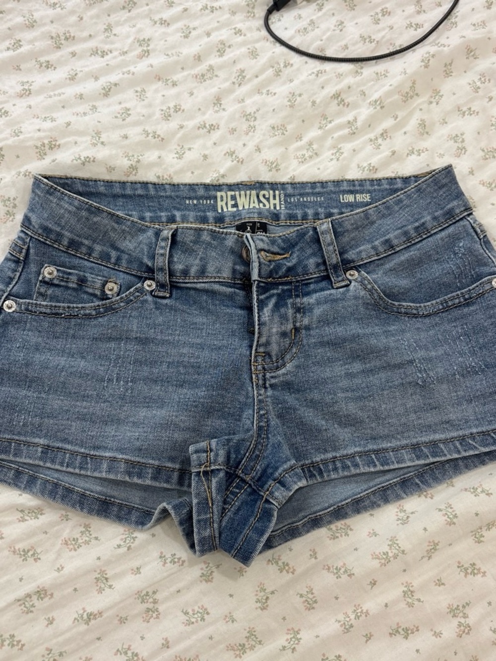 Rewash Low-Rise Distressed Denim Short - Medium Blue Wash
